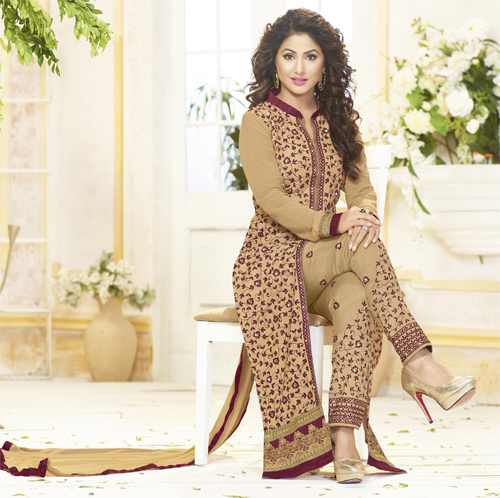 Full Embroidered Salwar Kameez - Pure Georgette Beige, Unstitched | Resham Zari Embroidery, Floral Pattern, Shantoon Bottom
