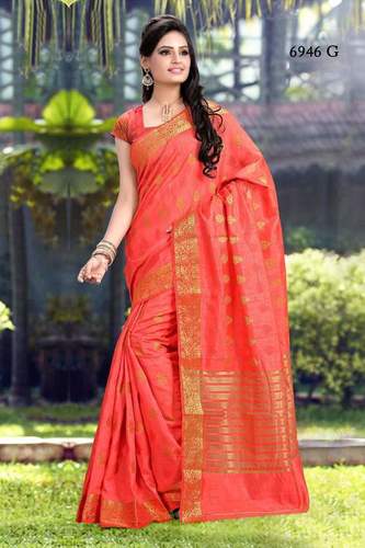 Silk Saree - Pure Silk, 5.5 Meters, Coral | Luxurious Feel, Gold Zari Butaa Work, Elegant Drape
