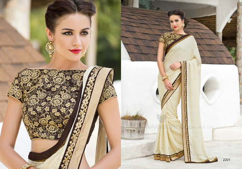 Chiffon Designer Satin Saree - Cream Chiffon Satin, Embroidered Patch Border | Matching Blouse, Elegant Design, Party Wear