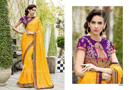 Yellow Patch Border Work Chiffon Satin Designer Saree