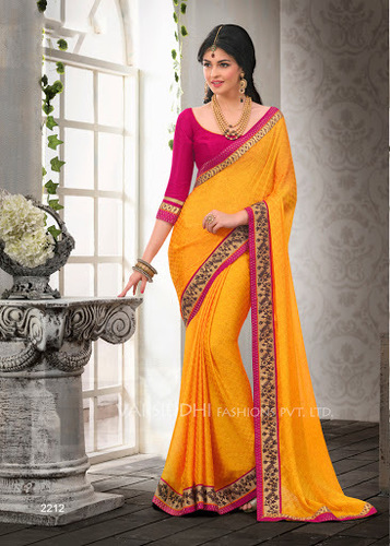 Designer Patch Border Work Yellow Saree