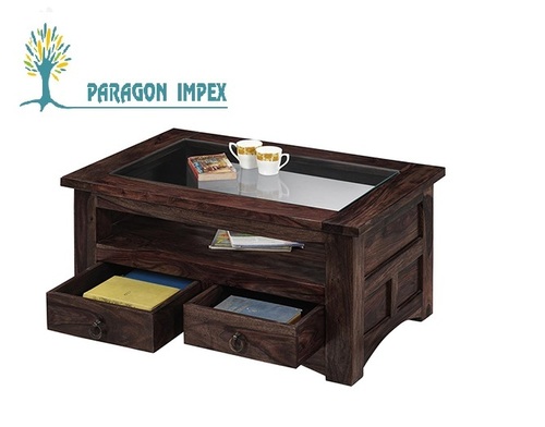 Wooden Coffee Table with Drawer - Sheesham Wood, 36x24x18 inches, Dark Brown | Tempered Glass Top, Two Drawers, Durable, Stylish Design