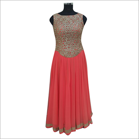 Special Stone Work Anarkali Suit - Georgette Floor Length Coral | Stone Embellishments Elegant Design Matching Dupatta