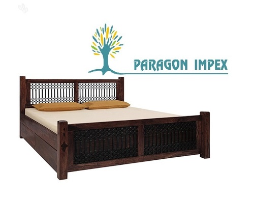 Modern Wooden Bed - Solid Wood, 6x6 Ft, Dark Brown | Sturdy Design, Spacious Under Bed Storage, Easy Assembly, Wooden Headboard