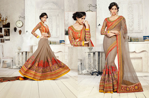 Wonderful Brown Georgette On Net Saree