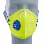 Face Mask - Non-Woven Material, Elastic Sewed Outside Filter Area, Blue and Yellow | Adjustable Aluminum Nose Clip, One Way Exhalation Vent Valve, Braided Textile Elastic
