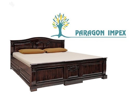 Wooden Bed - Solid Wood, 6x6 ft, Dark Brown | Pre-Assembled, Two Drawers, Curved Headboard, Sturdy Design
