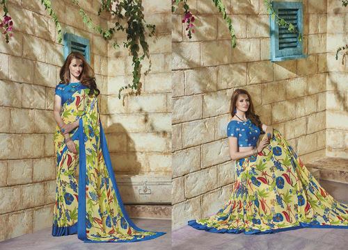 Light Yellow Georgette Saree - 5.5 Meters, Floral Print, Lightweight Fabric | Stylish, Comfortable, Wedding & Party Wear
