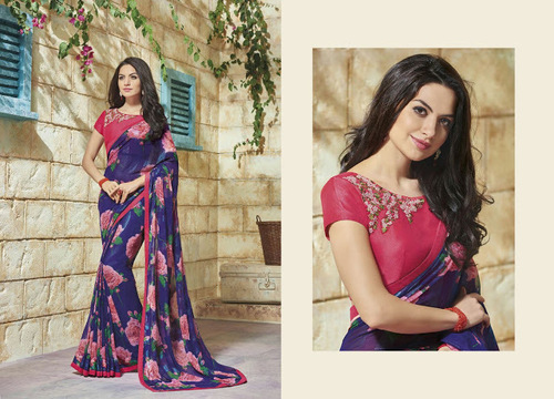 Blue Flower Print Georgette Saree