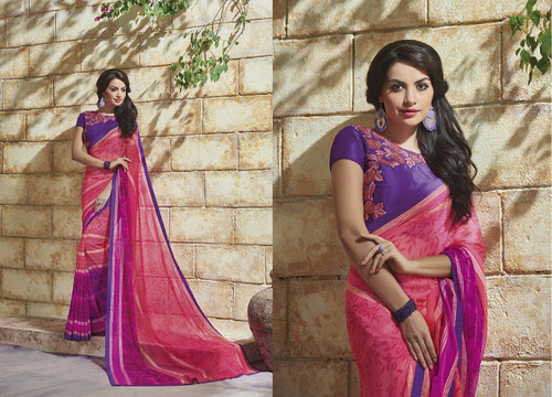 Pink Georgette Saree Lace Work