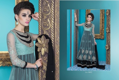 Turquoise Net Lehenga Style Anarkali Suit