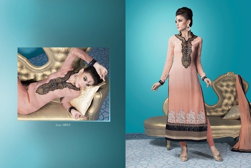Peach Georgette Churidar Suit
