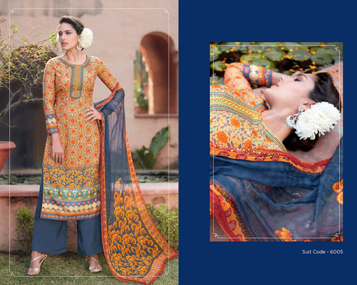Gold Cotton Palazzo Churidar Suit - Cotton, Orange, Chiffon Dupatta | Resham Work, Floral and Stripes Print, Comfortable Fit
