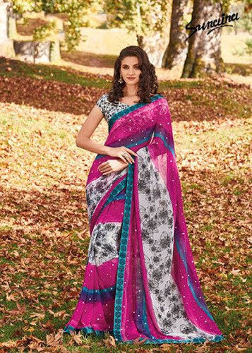 Casual Georgette Print Work Saree - Georgette, 5.5 Meters, Pink | Elegant Design, Vibrant Ethnic Prints, Matching Blouse, Comfortable Fit