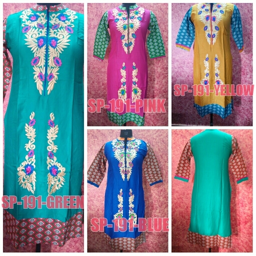 Rayon Casual Kurti - Rayon, Knee-Length, Mandarin Collar | Floral Embroidery, Lightweight, Comfortable Fit