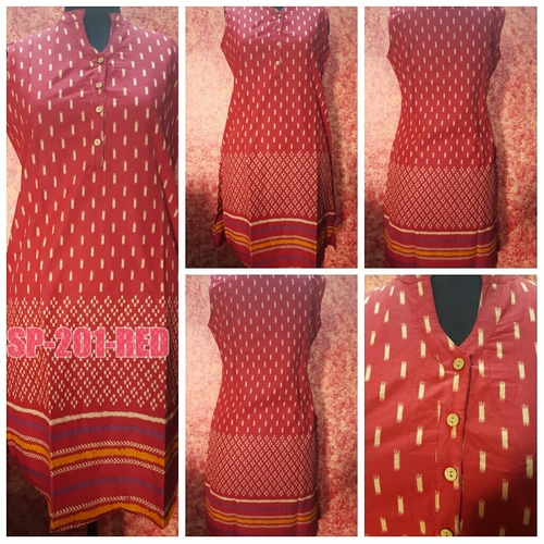 Sleeveless Women's Kurti - Cotton, Medium, Red | Stylish, Comfortable, Lightweight, Knee-Length, Printed, V-Neck