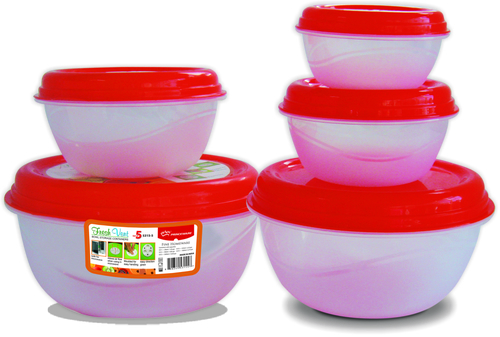 Fresh Vent Bowl Packg. Contr. Set of 5 Pcs (1-5) - Plastic, Multiple Sizes, Red, Snap-On Lids | Airtight Seal, Stackable, Microwave & Dishwasher Safe