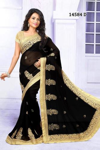 Georgette Sarees - 5.5 Meter Black Georgette, Gold Zari Butaa Work | Elegant Design, Soft Fabric, Party Wear