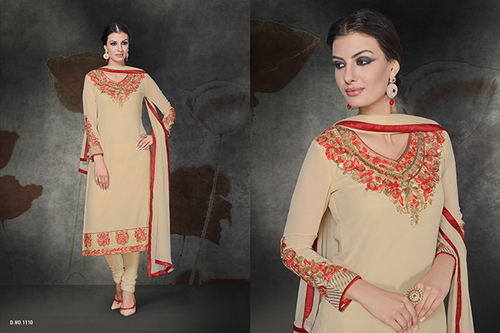 Cream Embroidered Work Georgette Churidar Salwar Kameez