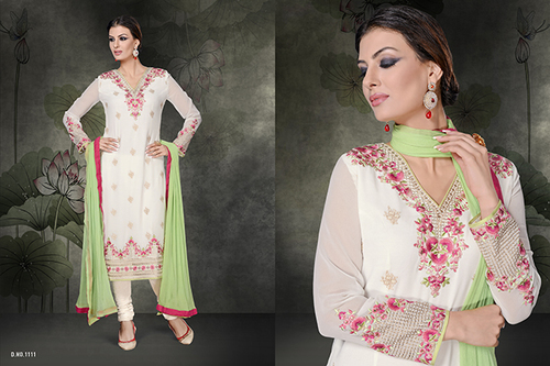 Georgette White Churidar Salwar Suit