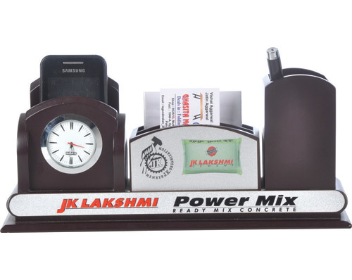 Promotional Table Top - Wood & Metal, 12x8x4 Inch, Brown | Desk Organization, Clock, Pen Stand, Brand Promotion