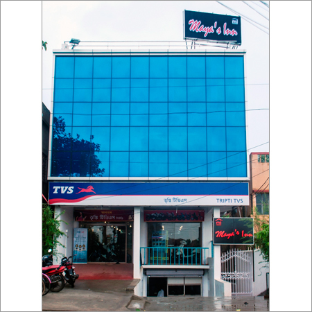 Hotel Front View - Glass, Metal, Variable Dimensions, Blue | Integrated Lighting, Modern Style, Easy Access, Multi-Story Signage
