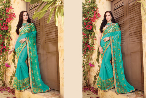 Resham Work Teal Georgette Saree