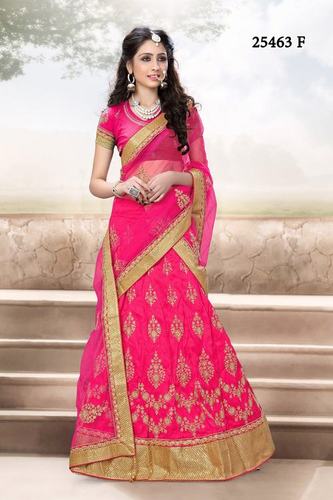 Lehenga Choli - Net Fabric, 54 Inches, Pink | Floral Embroidery, Elegant Design, Comfortable, Customizable Size