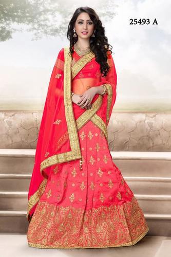Lehenga Choli - Silk, 54 Inches, Coral | Gold Embroidery, Elegant Design, Adjustable Waist, Comfortable Fit
