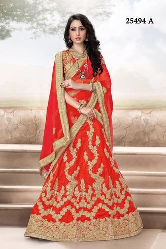 Lehenga Choli - Net Fabric, 54 Inches, Red | Gold Thread Embroidery, Elegant Design, Comfortable Fit