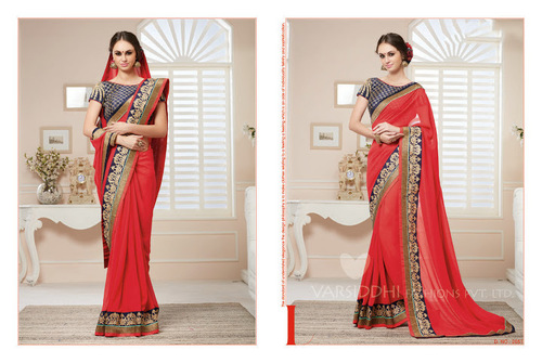 Zari Work Red Georgette Saree - 5.5 Meters Embroidered Patch Border Matching Blouse Party Wear
