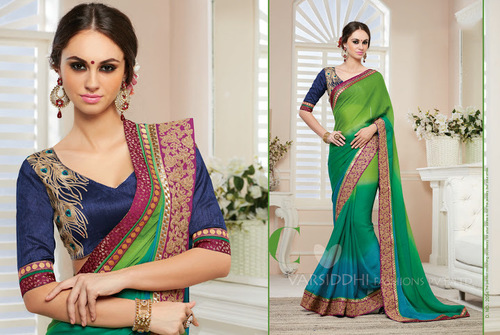 Green Zari Work Georgette Designer Saree - 5.5 Meters Green Matching Blouse Embroidered Patch Border Zari Work