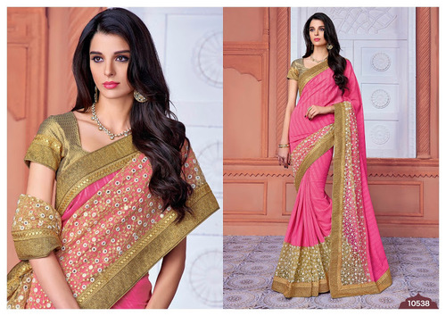 Resham Work Georgette Pink Sarees