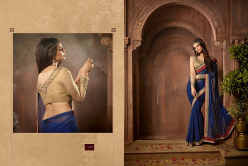 Georgette Designer Saree - Blue Georgette, Embroidered Patch Border, Matching Blouse, Elegant Design