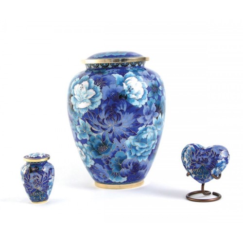 Floral Cloisonne Brass Cremation Urns - Blue