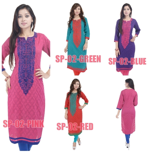 Rambuta Cotton Kurti - Cotton, Knee Length, Pink | Embroidered, Comfortable, Stylish, Lightweight, 3/4 Sleeves