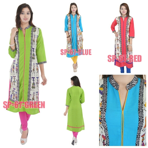 Rayon Embroidered Ladies Kurtis - Rayon, Green, Knee-Length, Mandarin Collar | Lightweight, Stylish, Comfortable, Zip Closure