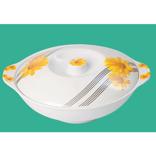 Serving Bowl with Lid 24cm - Melamine, 3L, White, Floral Design | Microwave Safe, Stackable, Food Safe