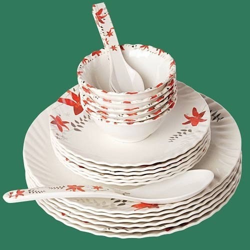 Plate Set 6 - Melamine 10 Inch White Floral Pattern | Durable Stackable Lightweight Microwave and Dishwasher Safe