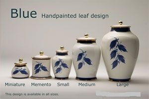 Blue Hand Painted Leaf Design- Pottery Ashes Urn