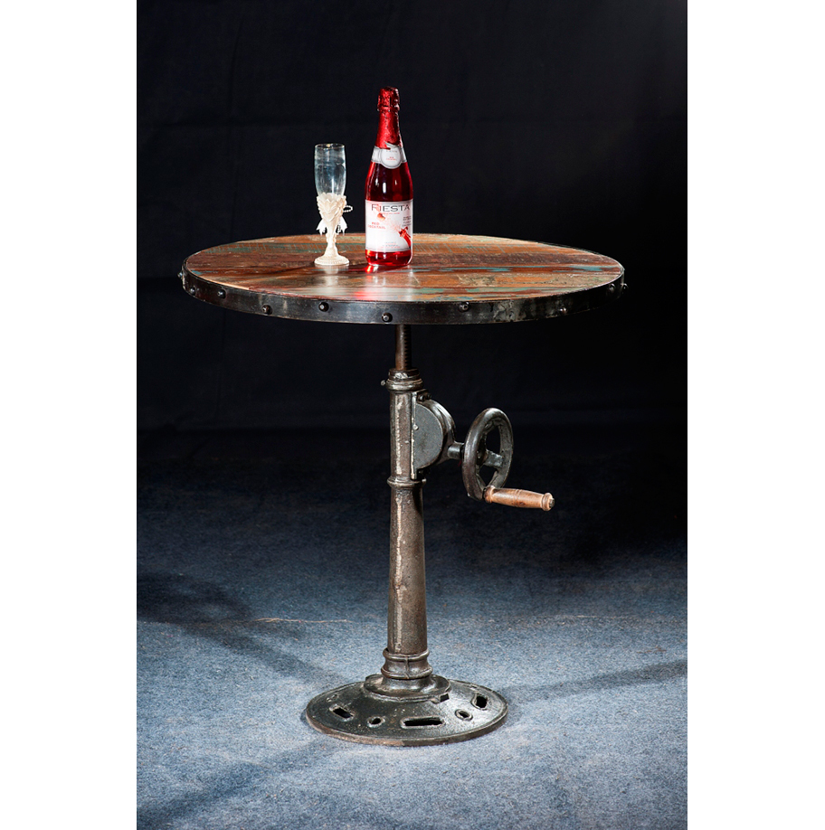 Industrial Wooden Table - Wood & Cast Iron, 70cm Diameter, Brown | Adjustable Height, Industrial Style, Stable Base