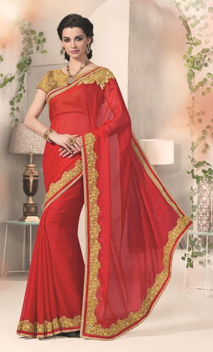 Fancy Georgette Saree - Soft Georgette, 5.5 Meters, Red | Jari Work, Readymade Border, Raw Silk Blouse