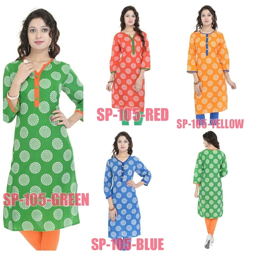 SP-105 - Cotton Knee-Length Red, V-Neck Polka Dot Kurti, Lightweight Stylish Comfortable