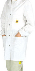 Antistatic Coat - 100% Polyester Filament Fiber, Conductive Fiber with 5mm Strip/Grid, Color Options of White/Green | Surface Resistance 10E8-10E11 Ohm, Lapel Collar, Zipper/Snap-Fastener Options, ESD Suit for Electronics and Clean Rooms
