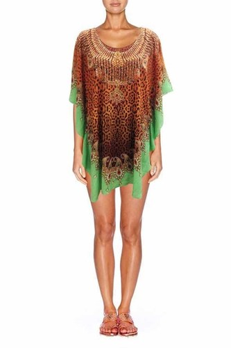Short Kaftan - Silk, Brown | Digital Print, Short Sleeve, Lightweight, Comfortable Fit