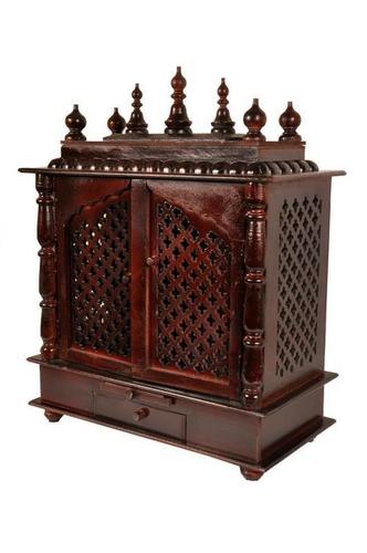 Hand Painted Wooden Temple - Sheesham Wood, 12x8x10 Inches, Dark Brown | Intricate Carvings, Two Doors, One Drawer, Portable