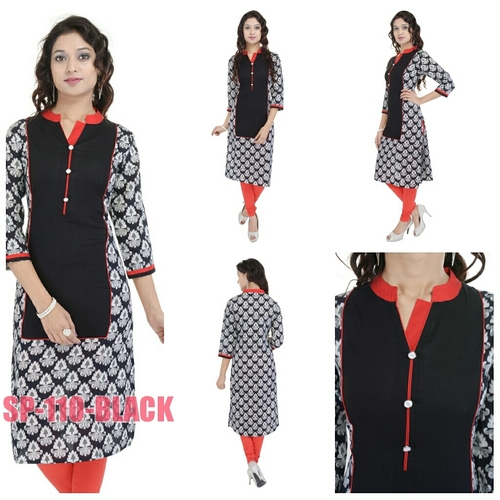 SP-110 - Cotton, Knee-Length, Black | Stylish Design, Lightweight Fabric, Comfortable Fit, Three-Quarter Sleeves