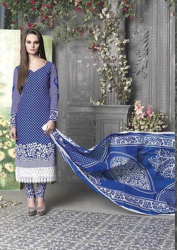 Blue Special-Printed Cotton Unstitched Suits - Cotton Material, 2.75 Mtr Bottom, Blue, Cotton Dupatta, 8 Pieces Set