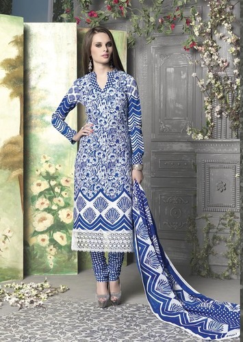 Blue Special-Printed Cotton Unstitched Suits - Cotton Material, 2.75m Bottom | Printed Design, Cotton Dupatta, 8 Pieces Set