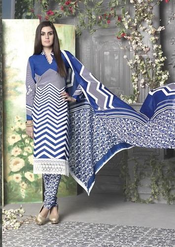 Blue Special-Printed Cotton Unstitched Suits